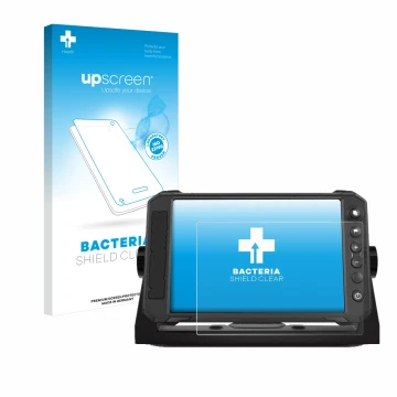 Parte frontal de un envase de producto con el logotipo de la marca upscreen. Al lado se muestra el dispositivo Lowrance Elite 