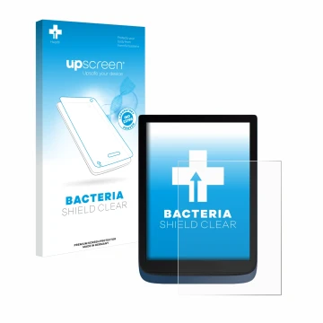 Parte frontal de un envase de producto con el logotipo de la marca upscreen. Al lado se muestra el dispositivo Vivlio InkPad 3