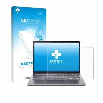 Parte frontal de un envase de producto con el logotipo de la marca upscreen. Al lado se muestra el dispositivo Acer Chromebook