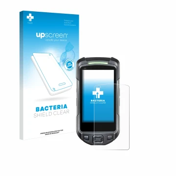 Parte frontal de un envase de producto con el logotipo de la marca upscreen. Al lado se muestra el dispositivo Keyence BT-A700
