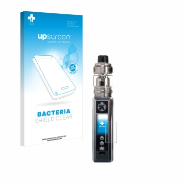 Parte frontal de un envase de producto con el logotipo de la marca upscreen. Al lado se muestra el dispositivo Voopoo Drag M10