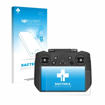 Parte frontal de un envase de producto con el logotipo de la marca upscreen. Al lado se muestra el dispositivo DJI Mavic 3 RC 