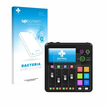 Parte frontal de un envase de producto con el logotipo de la marca upscreen. Al lado se muestra el dispositivo Rode Rodecaster