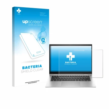 Parte frontal de un envase de producto con el logotipo de la marca upscreen. Al lado se muestra el dispositivo HP EliteBook x3