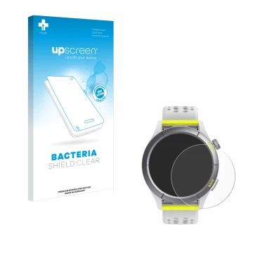 Parte frontal de un envase de producto con el logotipo de la marca upscreen. Al lado se muestra el dispositivo Huami Amazfit C