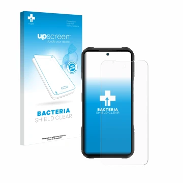 Parte frontal de un envase de producto con el logotipo de la marca upscreen. Al lado se muestra el dispositivo Doogee V20 Pro 