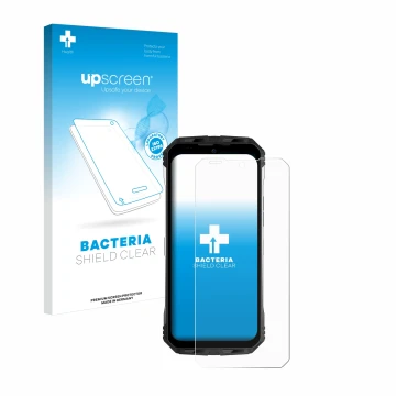 Parte frontal de un envase de producto con el logotipo de la marca upscreen. Al lado se muestra el dispositivo Doogee S100 Pro