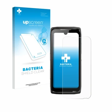 Parte frontal de un envase de producto con el logotipo de la marca upscreen. Al lado se muestra el dispositivo Crosscall Core-