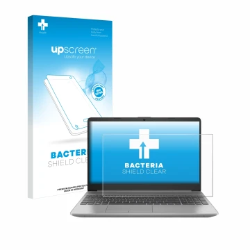 Parte frontal de un envase de producto con el logotipo de la marca upscreen. Al lado se muestra el dispositivo HP 250 G9 con s