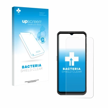 Parte frontal de un envase de producto con el logotipo de la marca upscreen. Al lado se muestra el dispositivo Ulefone Armor 1