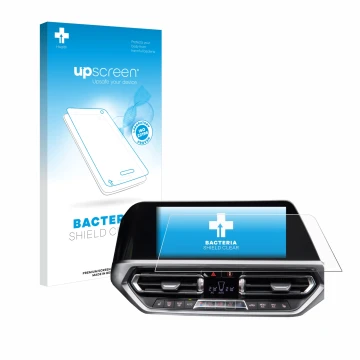 Parte frontal de un envase de producto con el logotipo de la marca upscreen. Al lado se muestra el dispositivo BMW 3 G20 2020 