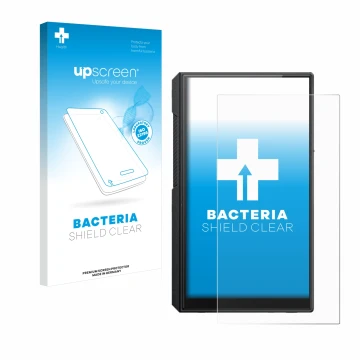 Parte frontal de un envase de producto con el logotipo de la marca upscreen. Al lado se muestra el dispositivo FiiO M11s con s