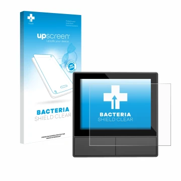 Parte frontal de un envase de producto con el logotipo de la marca upscreen. Al lado se muestra el dispositivo SONOFF NSPanel 