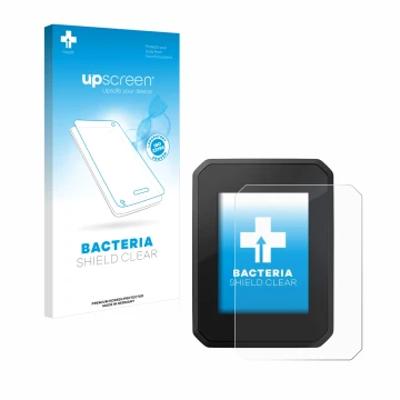 Parte frontal de un envase de producto con el logotipo de la marca upscreen. Al lado se muestra el dispositivo FIT Display Com