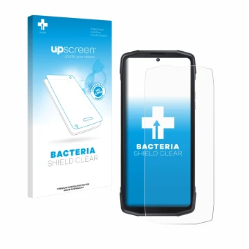 Parte frontal de un envase de producto con el logotipo de la marca upscreen. Al lado se muestra el dispositivo Cubot King Kong
