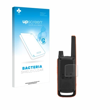 Parte frontal de un envase de producto con el logotipo de la marca upscreen. Al lado se muestra el dispositivo Motorola Talkab