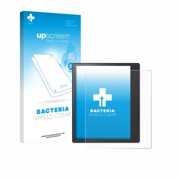 Parte frontal de un envase de producto con el logotipo de la marca upscreen. Al lado se muestra el dispositivo Kobo Elipsa 2E 