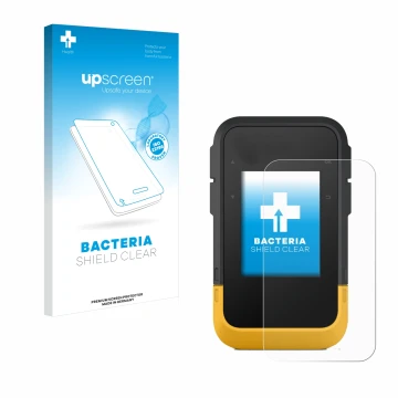 Parte frontal de un envase de producto con el logotipo de la marca upscreen. Al lado se muestra el dispositivo Garmin eTrex SE