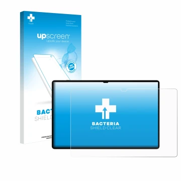 Parte frontal de un envase de producto con el logotipo de la marca upscreen. Al lado se muestra el dispositivo Samsung Galaxy 