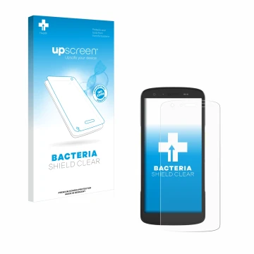 Parte frontal de un envase de producto con el logotipo de la marca upscreen. Al lado se muestra el dispositivo Zebra TC22 con 