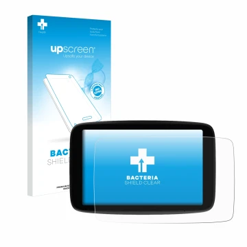 Parte frontal de un envase de producto con el logotipo de la marca upscreen. Al lado se muestra el dispositivo TomTom GO Exper