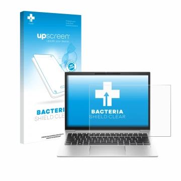 Parte frontal de un envase de producto con el logotipo de la marca upscreen. Al lado se muestra el dispositivo HP EliteBook 83
