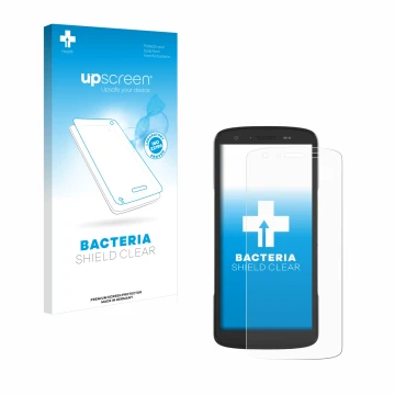 Parte frontal de un envase de producto con el logotipo de la marca upscreen. Al lado se muestra el dispositivo Zebra TC27 con 