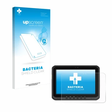 Parte frontal de un envase de producto con el logotipo de la marca upscreen. Al lado se muestra el dispositivo Zebra ET65 con 