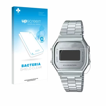 Parte frontal de un envase de producto con el logotipo de la marca upscreen. Al lado se muestra el dispositivo Casio A168WEM-7