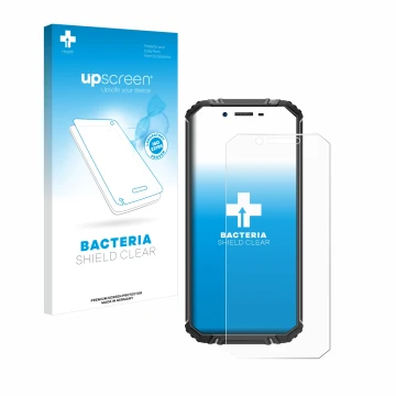 Parte frontal de un envase de producto con el logotipo de la marca upscreen. Al lado se muestra el dispositivo Oukitel WP18 co