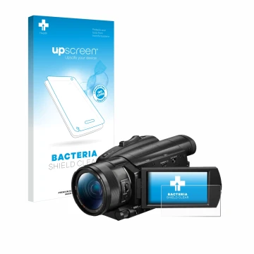 Parte frontal de un envase de producto con el logotipo de la marca upscreen. Al lado se muestra el dispositivo Sony FDR-AX700 