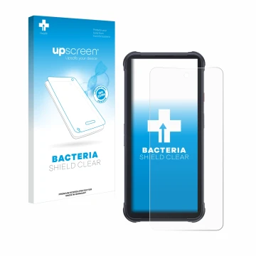 Parte frontal de un envase de producto con el logotipo de la marca upscreen. Al lado se muestra el dispositivo Cubot King Kong