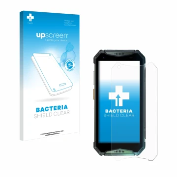 Parte frontal de un envase de producto con el logotipo de la marca upscreen. Al lado se muestra el dispositivo Ulefone Armor 2