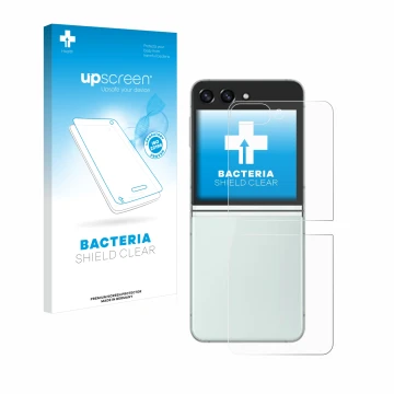 Parte frontal de un envase de producto con el logotipo de la marca upscreen. Al lado se muestra el dispositivo Samsung Galaxy 