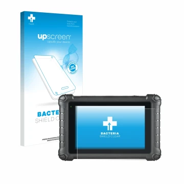 Parte frontal de un envase de producto con el logotipo de la marca upscreen. Al lado se muestra el dispositivo Autel MaxiDAS D
