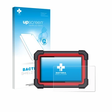 Parte frontal de un envase de producto con el logotipo de la marca upscreen. Al lado se muestra el dispositivo Launch X-431 CR