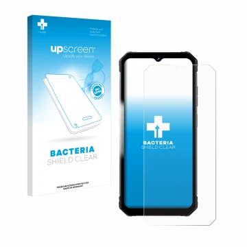 Parte frontal de un envase de producto con el logotipo de la marca upscreen. Al lado se muestra el dispositivo Fossibot F102 c