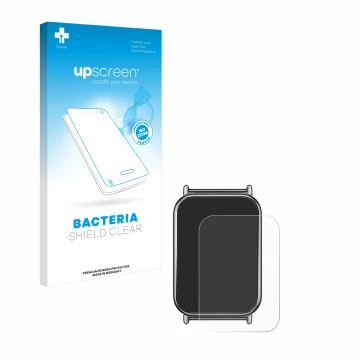 Parte frontal de un envase de producto con el logotipo de la marca upscreen. Al lado se muestra el dispositivo Xiaomi Mi Band 