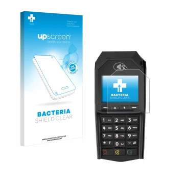 Parte frontal de un envase de producto con el logotipo de la marca upscreen. Al lado se muestra el dispositivo ingenico Lane/3