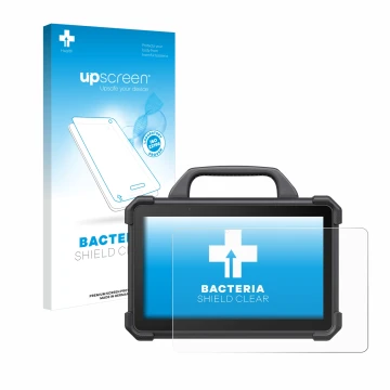 Parte frontal de un envase de producto con el logotipo de la marca upscreen. Al lado se muestra el dispositivo Launch X-431 Ta