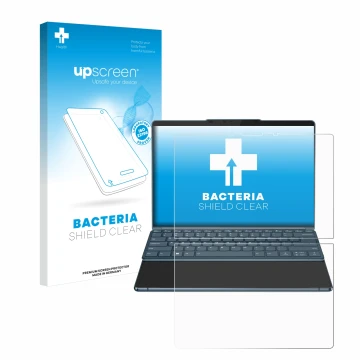 Parte frontal de un envase de producto con el logotipo de la marca upscreen. Al lado se muestra el dispositivo Lenovo Yoga Boo