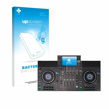 Parte frontal de un envase de producto con el logotipo de la marca upscreen. Al lado se muestra el dispositivo Denon DJ SC LIV