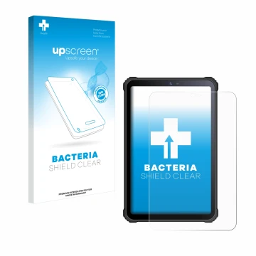 Parte frontal de un envase de producto con el logotipo de la marca upscreen. Al lado se muestra el dispositivo Oukitel RT3 con