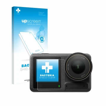 Parte frontal de un envase de producto con el logotipo de la marca upscreen. Al lado se muestra el dispositivo DJI Osmo Action