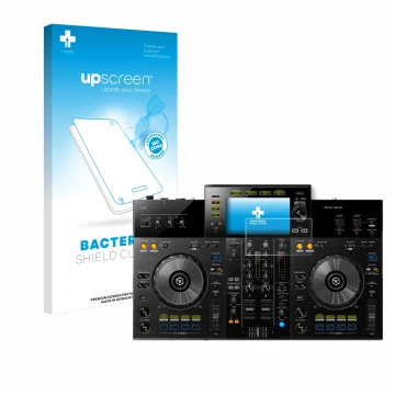 Parte frontal de un envase de producto con el logotipo de la marca upscreen. Al lado se muestra el dispositivo Pioneer XDJ -RR