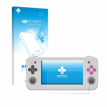 Parte frontal de un envase de producto con el logotipo de la marca upscreen. Al lado se muestra el dispositivo Anbernic RG505 