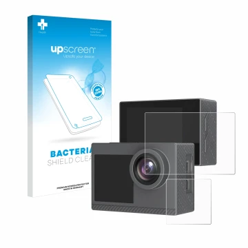 Parte frontal de un envase de producto con el logotipo de la marca upscreen. Al lado se muestra el dispositivo Akaso Brave 4 P