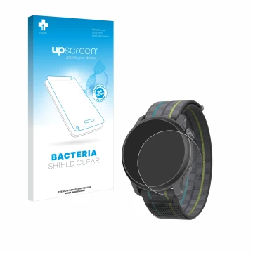 Parte frontal de un envase de producto con el logotipo de la marca upscreen. Al lado se muestra el dispositivo Coros Pace 3 co