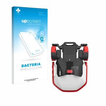 Parte frontal de un envase de producto con el logotipo de la marca upscreen. Al lado se muestra el dispositivo Kress Mission M