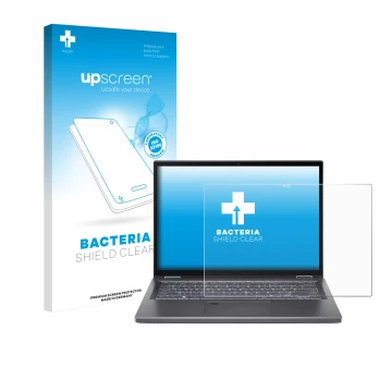 Parte frontal de un envase de producto con el logotipo de la marca upscreen. Al lado se muestra el dispositivo Acer Aspire 5 S